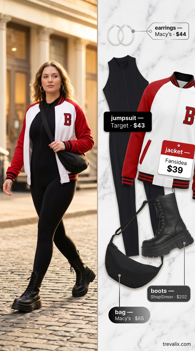 Trendy summer streetwear for women 2026: Black athletic jumpsuit, bomber jacket, combat boots, crossbody bag, silver hoops.