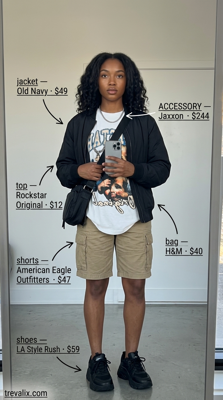 Trendy summer streetwear for women 2026: Khaki cargo shorts, bomber jacket, graphic tee, chunky sneakers, crossbody bag.