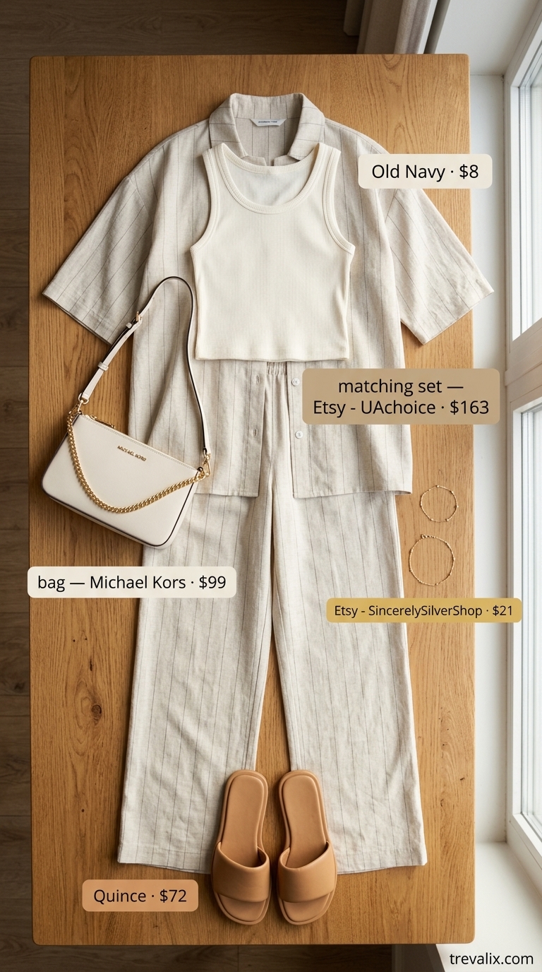 Trendy summer streetwear for women 2026: Beige linen set, cream tank top, tan slides, gold bracelet.