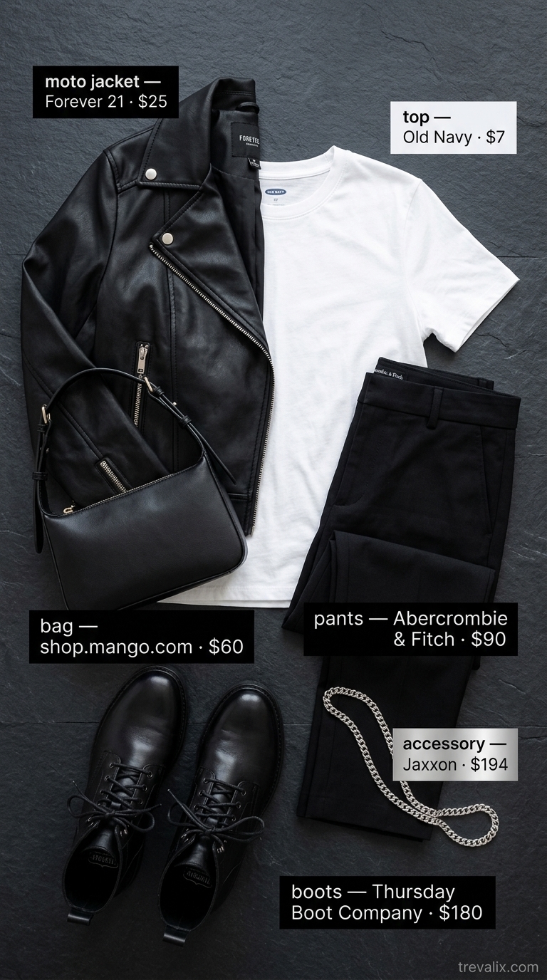 Trendy summer streetwear for women 2026: Edgy black moto jacket, white tee, straight-leg pants, combat boots, crossbody bag.