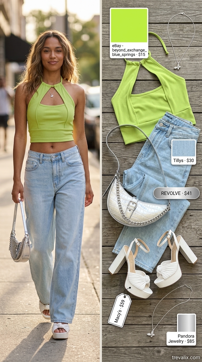 Trendy summer streetwear for women 2026: Green ribbed crop top, baggy jeans, platform sandals, mini shoulder bag.