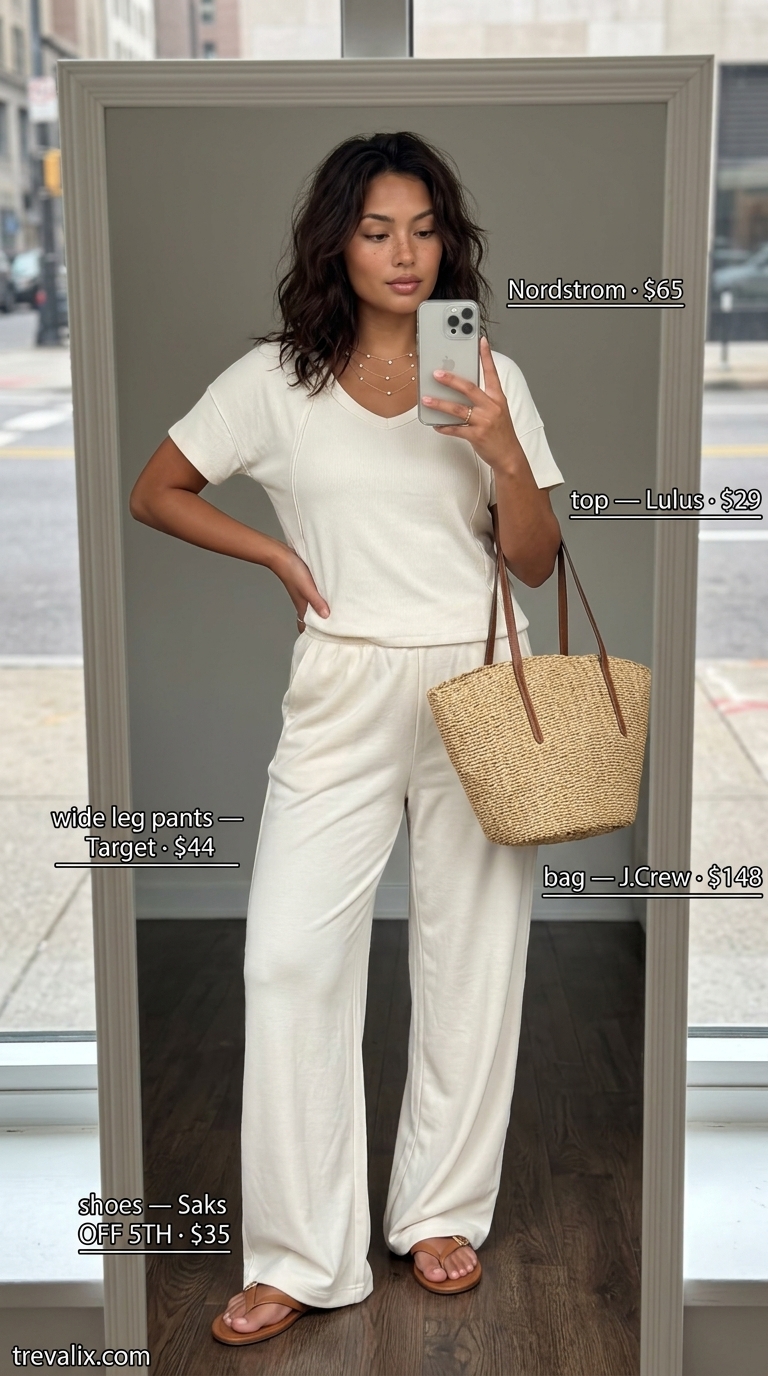 Trendy summer streetwear for women 2026: Beige wide-leg pants, cream knit top, tan slides, straw tote, gold necklaces.