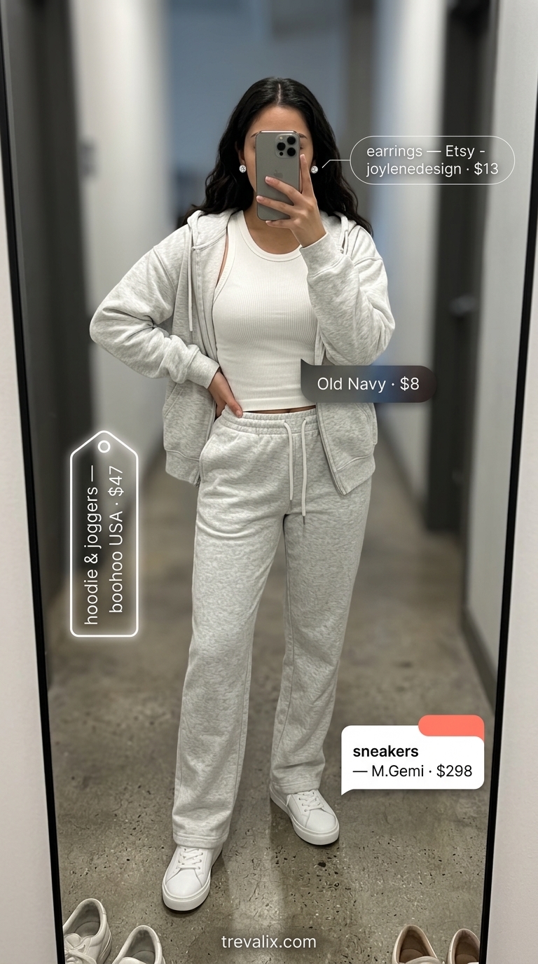 Trendy summer streetwear for women 2026: Athleisure matching set with hoodie, joggers, tank top, and crossbody bag.