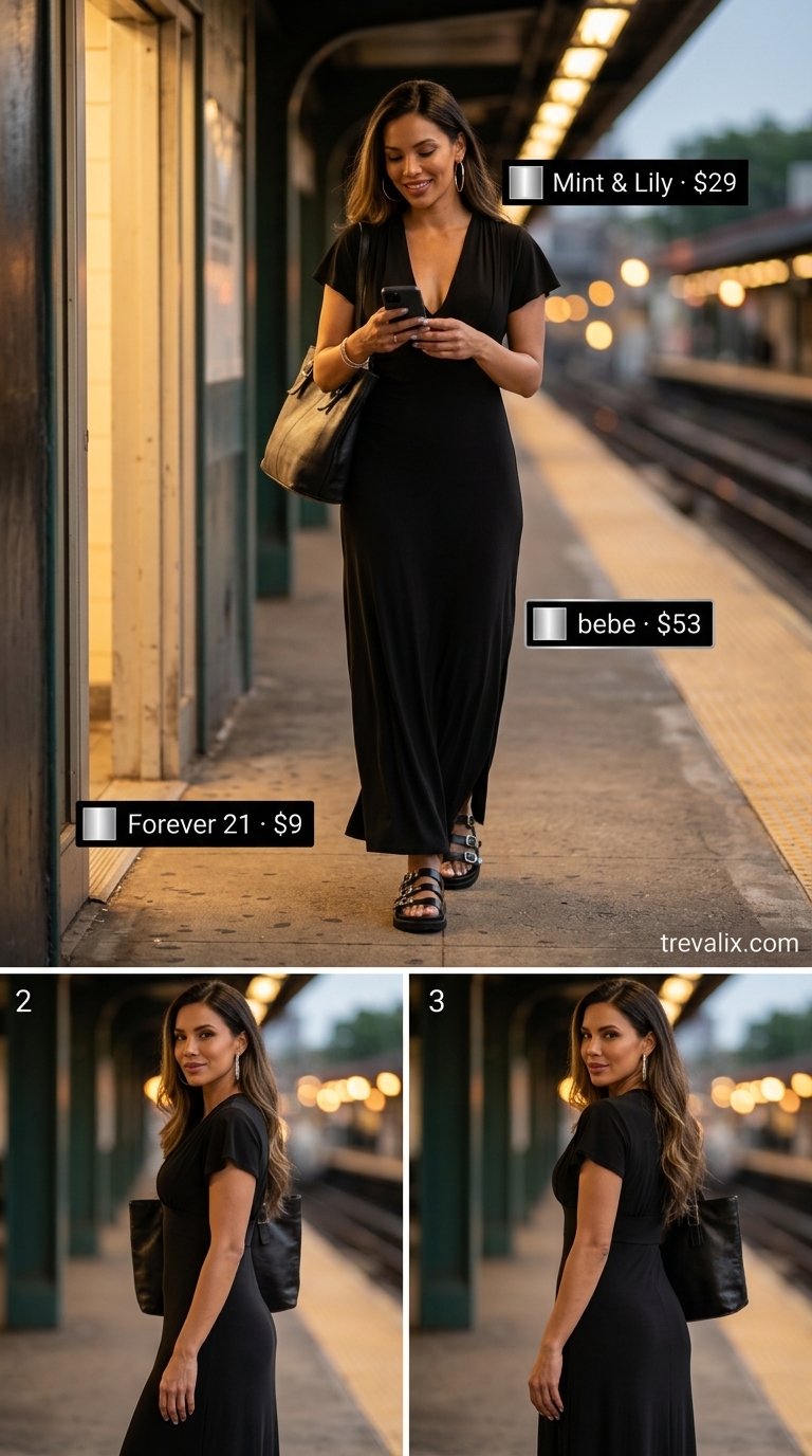 Chic summer streetwear for women 2026: Flowy black maxi dress, chunky platform sandals, and silver accessories for an elegant look.