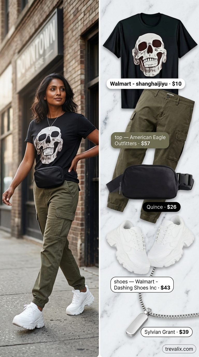 Edgy summer streetwear for women 2026: Olive green cargo pants, graphic tee, chunky sneakers, and silver chain for a street-smart look.
