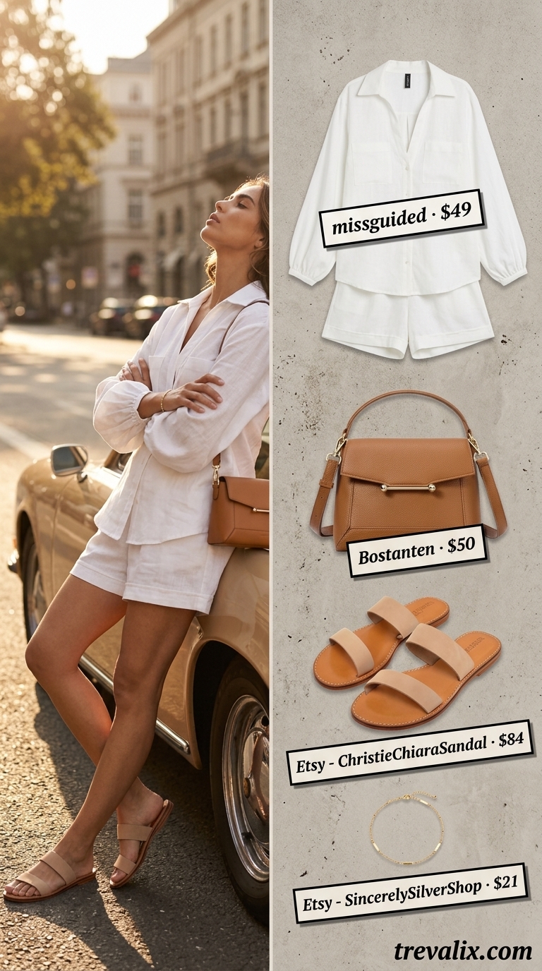 Trendy summer streetwear for women 2026: White linen shorts set, beige slides, and structured crossbody bag.