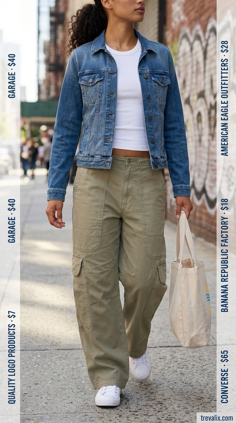 Trendy summer streetwear for women 2026: Khaki cargo pants, white tank, denim jacket, and white sneakers.