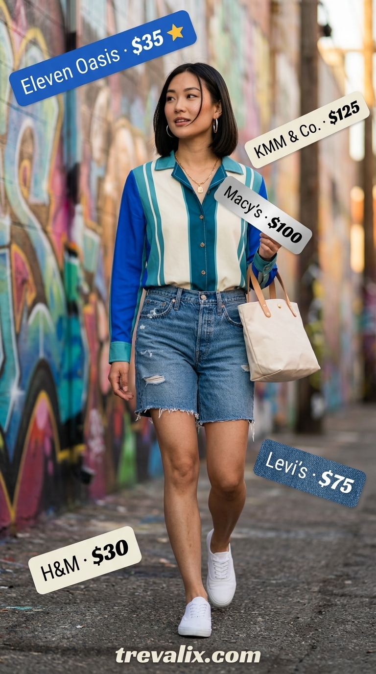 Playful summer streetwear for women 2026: Color block camp shirt, denim shorts, canvas sneakers, and hoop earrings for a bold look.