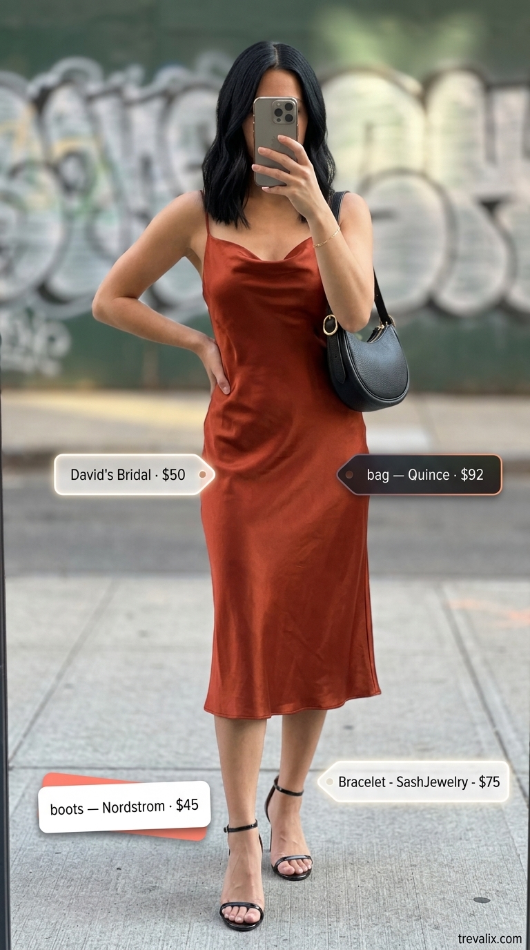 Sophisticated summer streetwear for women 2026: Coral orange slip dress, black strappy heels, and gold jewelry for an evening out.