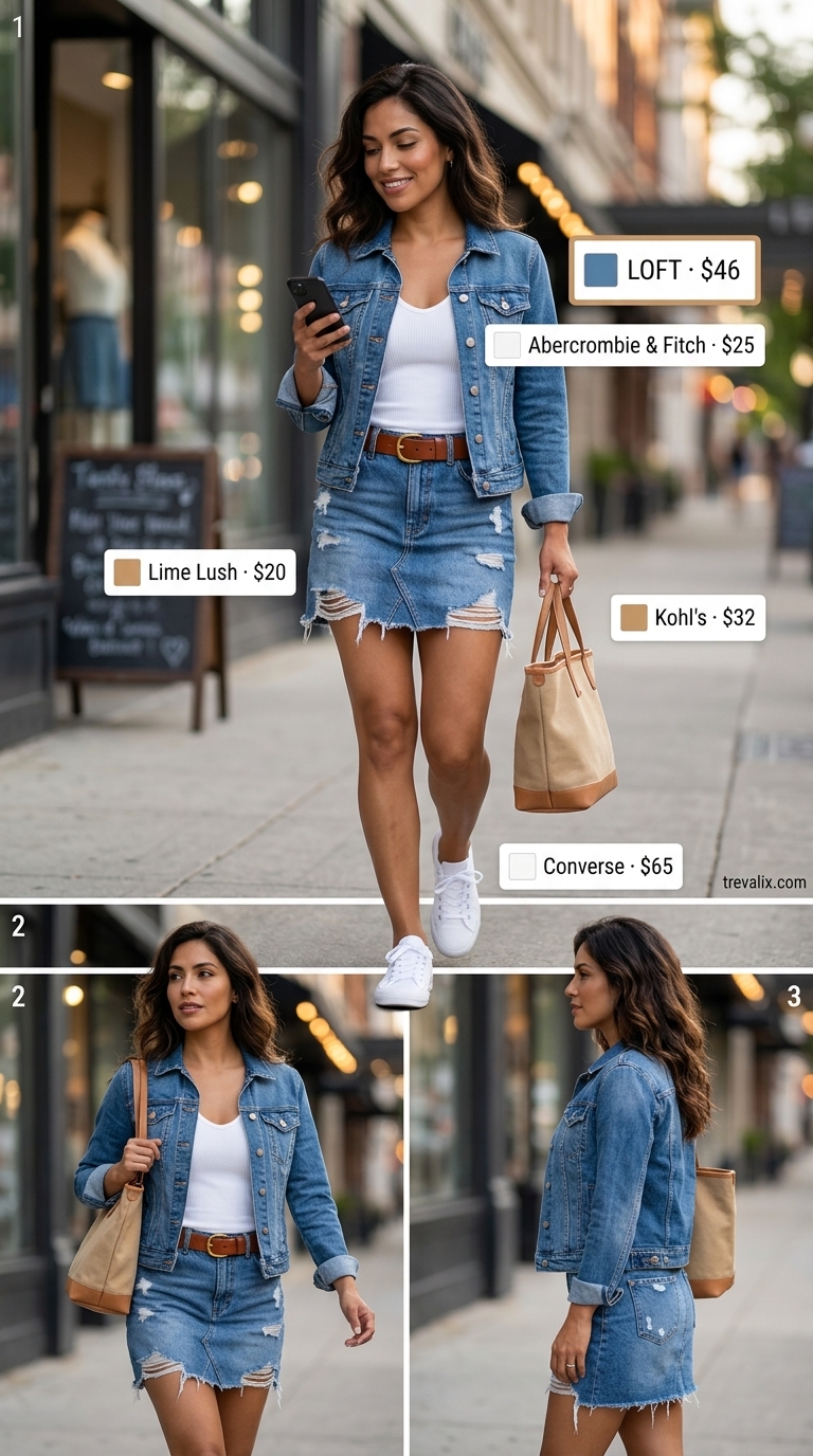 Cool summer streetwear for women 2026: Denim mini skirt, white tank, trucker jacket, and white sneakers for a casual weekend vibe.
