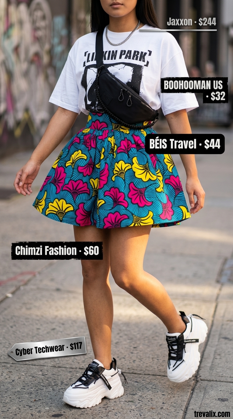 Playful summer streetwear for women 2026: Floral mini skirt, graphic tee, chunky sneakers, and belt bag for a youthful, edgy vibe.