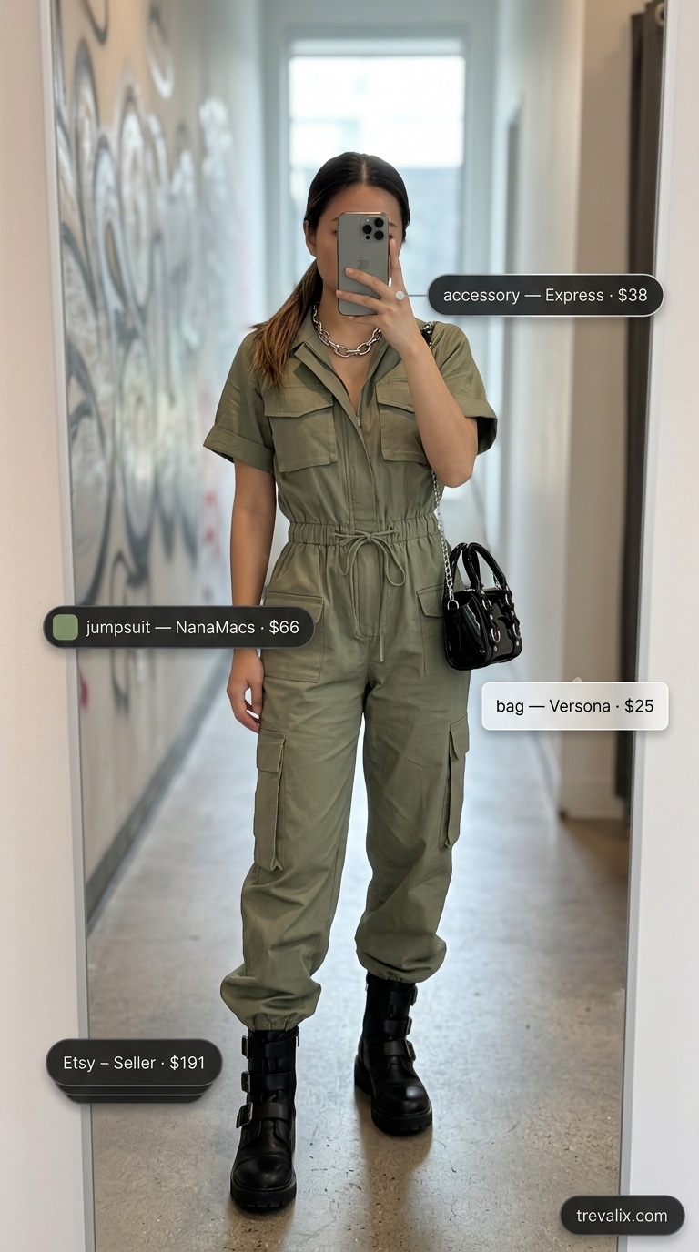 Edgy summer streetwear for women 2026: Olive green utility jumpsuit, combat boots, and silver chain necklace for a confident look.