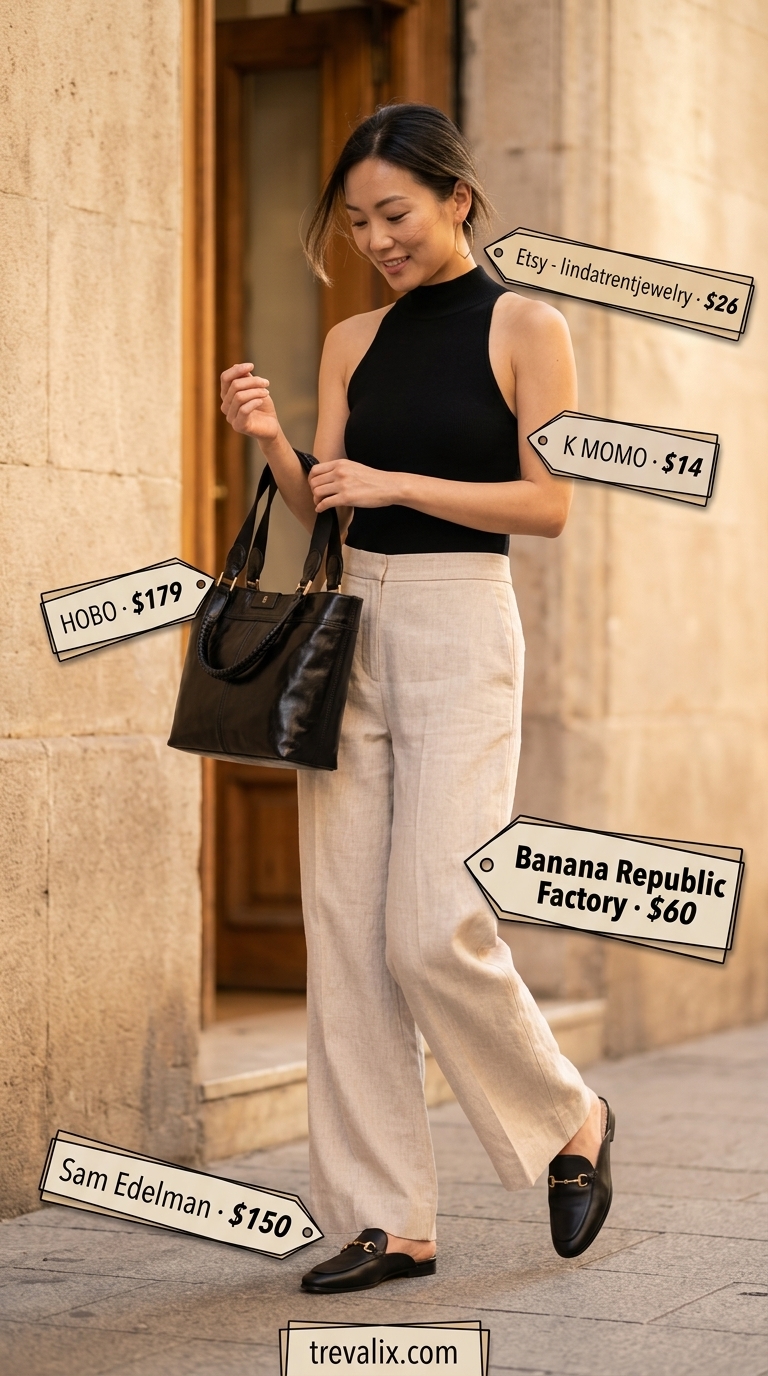 Trendy summer streetwear for women 2026: Beige wide-leg trousers, black bodysuit, pointed mules, and tote bag.