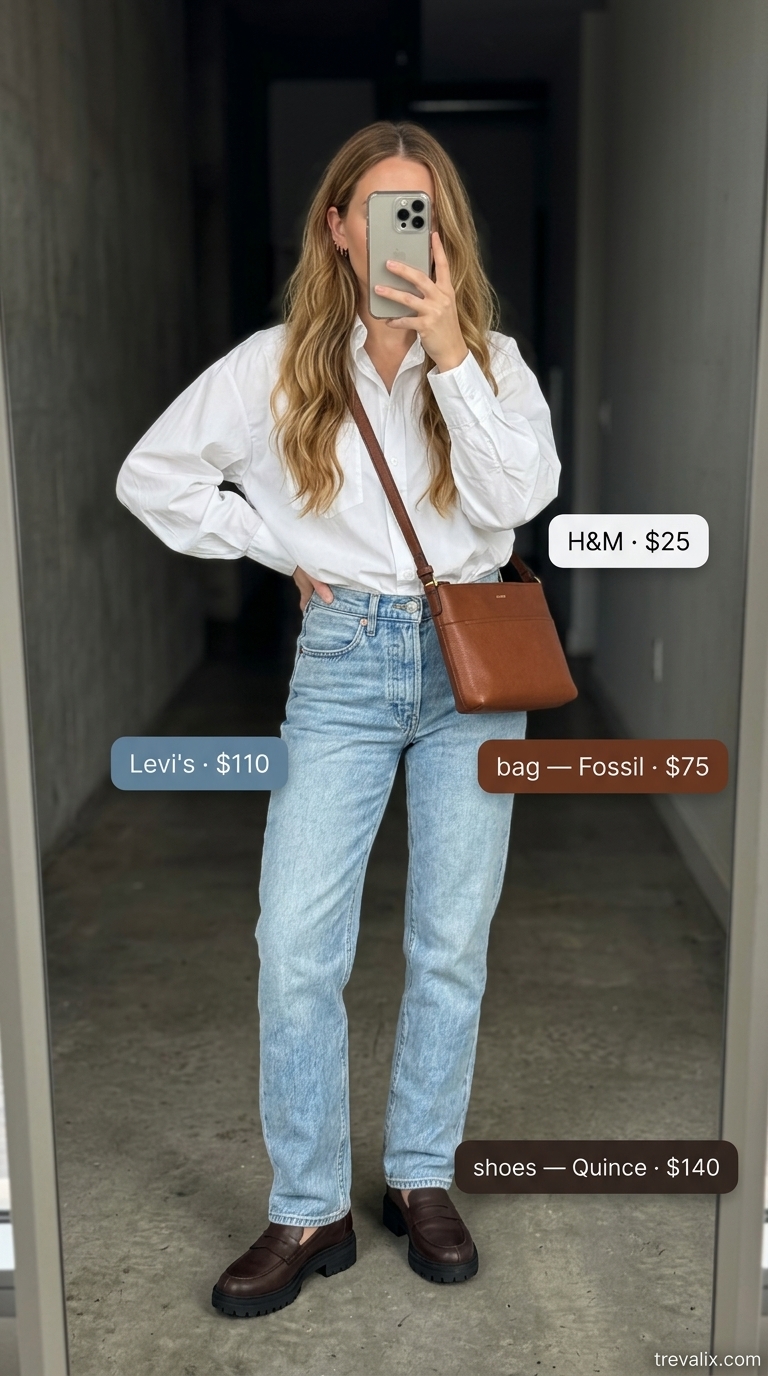 Chic summer streetwear for women 2026: Light wash straight-leg jeans, oversized white shirt, leather loafers, and crossbody bag for a timeless look.