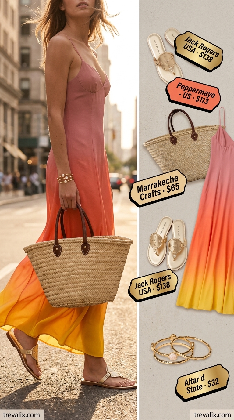 Trendy summer streetwear for women 2026: Ombre sunset maxi dress, straw tote, leather sandals, and gold bangles.