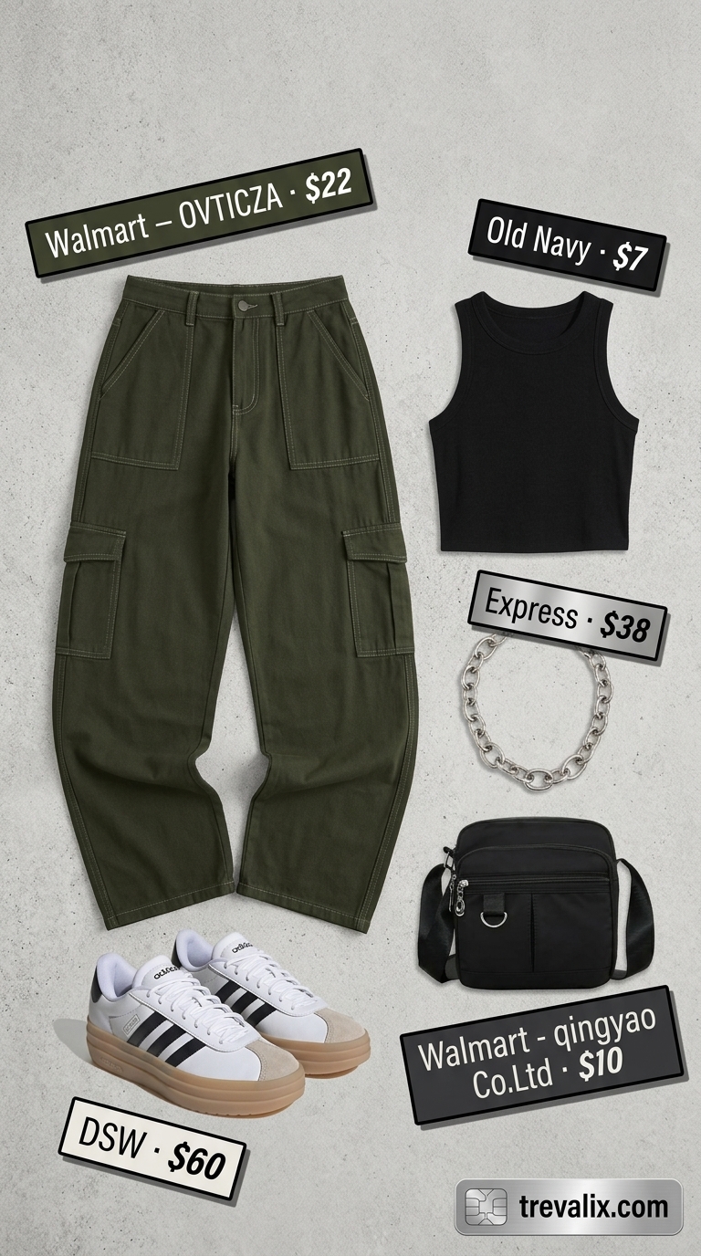 Trendy summer streetwear for women 2026: Olive green cargo pants, black crop tank, platform sneakers, and silver chain.