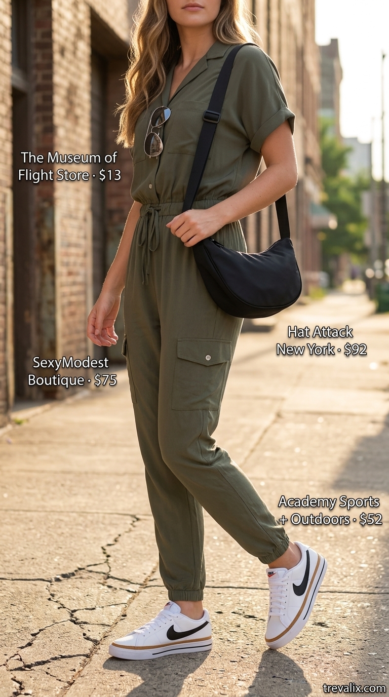 Trendy summer streetwear for women 2026: Khaki utility jumpsuit, white sneakers, aviator sunglasses, and crossbody bag.