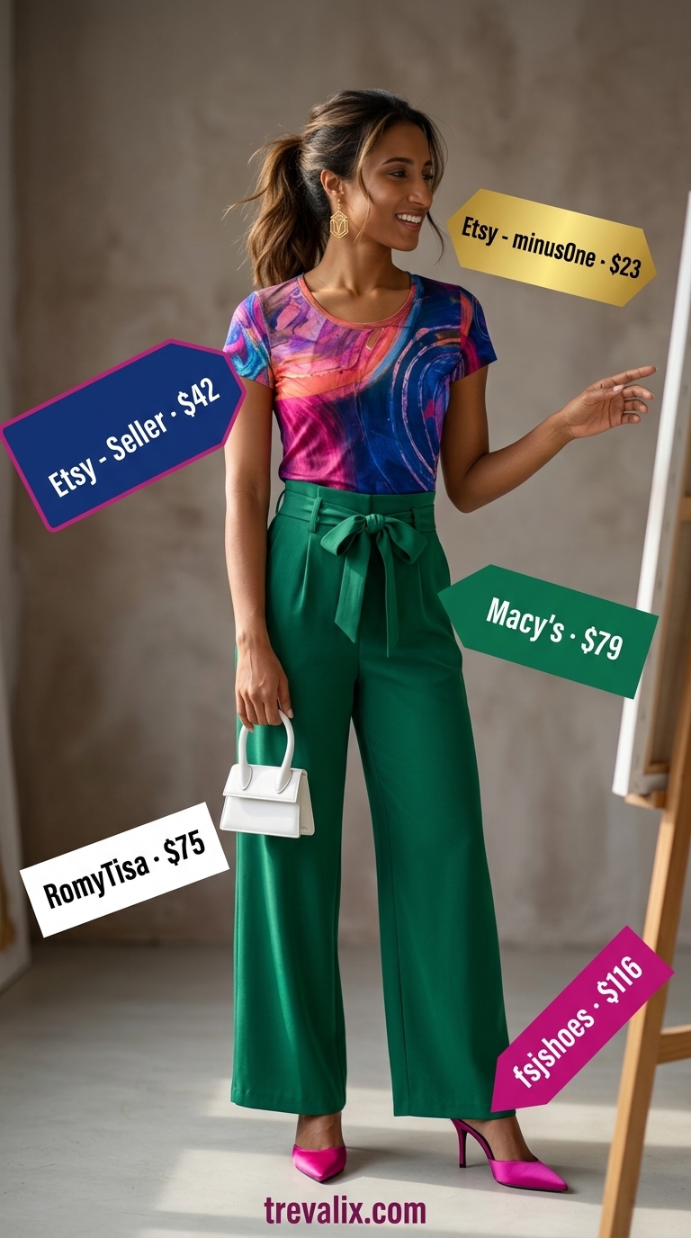 Artsy summer t-shirt outfit for women 2026: Emerald green trousers, fuchsia mules, and abstract tee for fashion events.