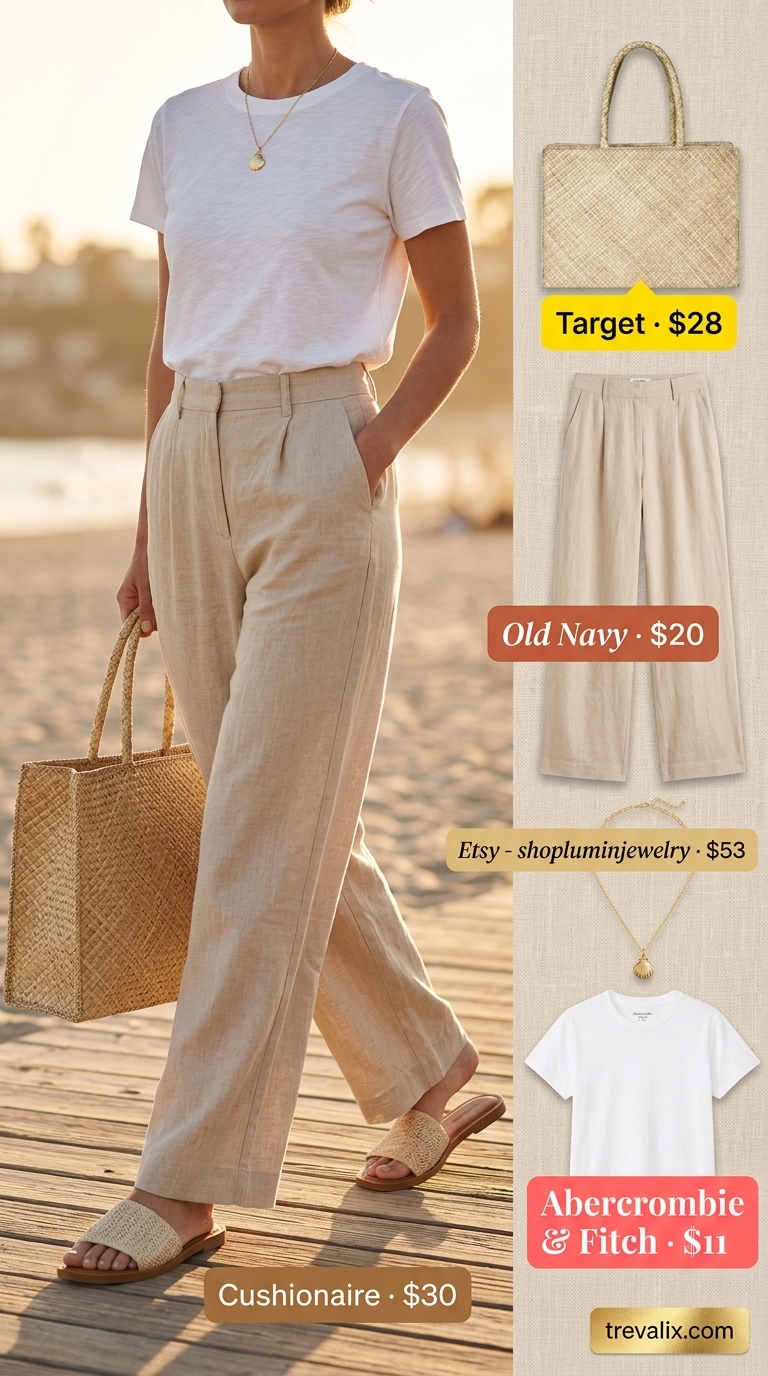Coastal summer outfit for women 2026: Linen pants, white tee, straw tote for beach vacations and casual days.