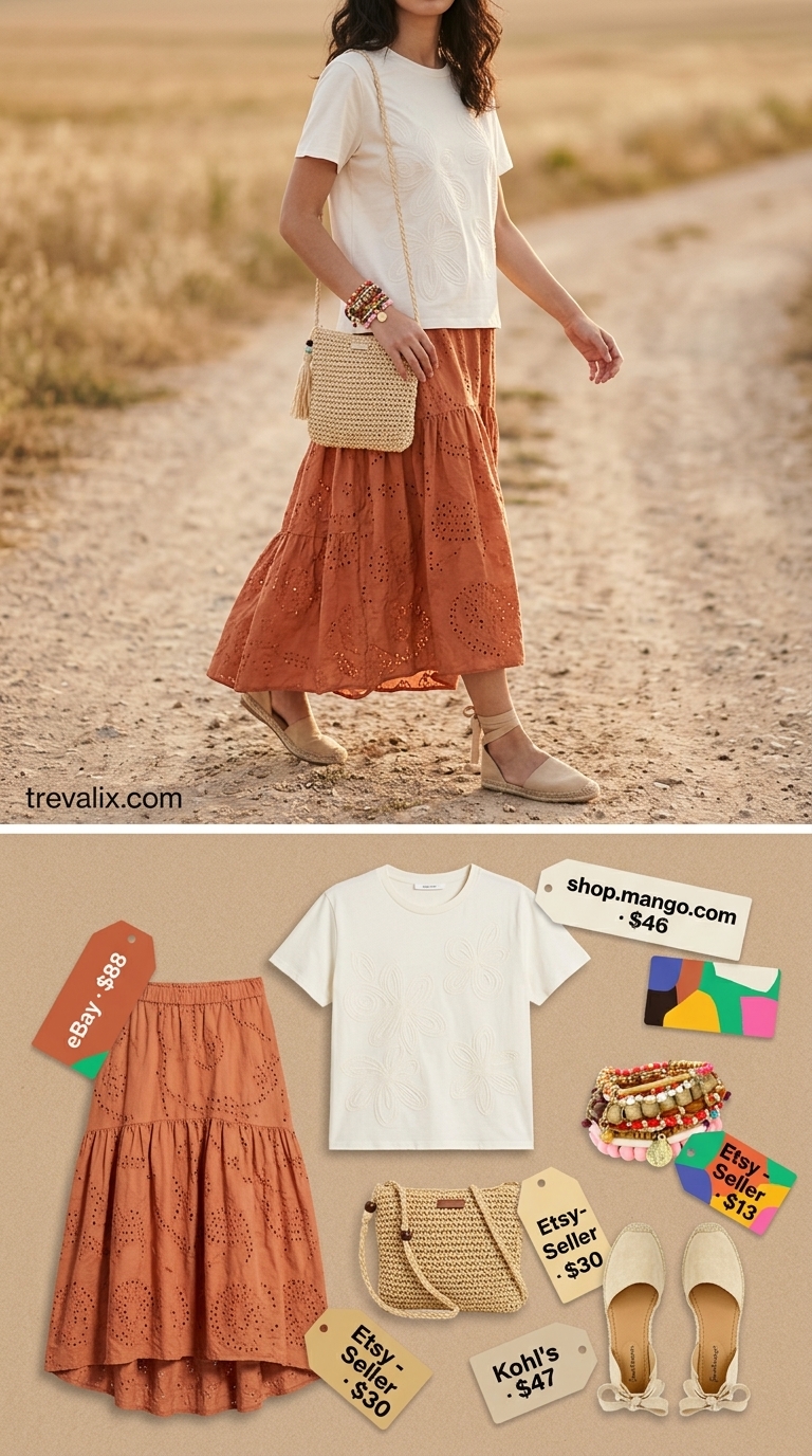 Boho summer t-shirt outfit for women 2026: Floral maxi skirt, embroidered tee, espadrilles for festivals and casual gatherings.