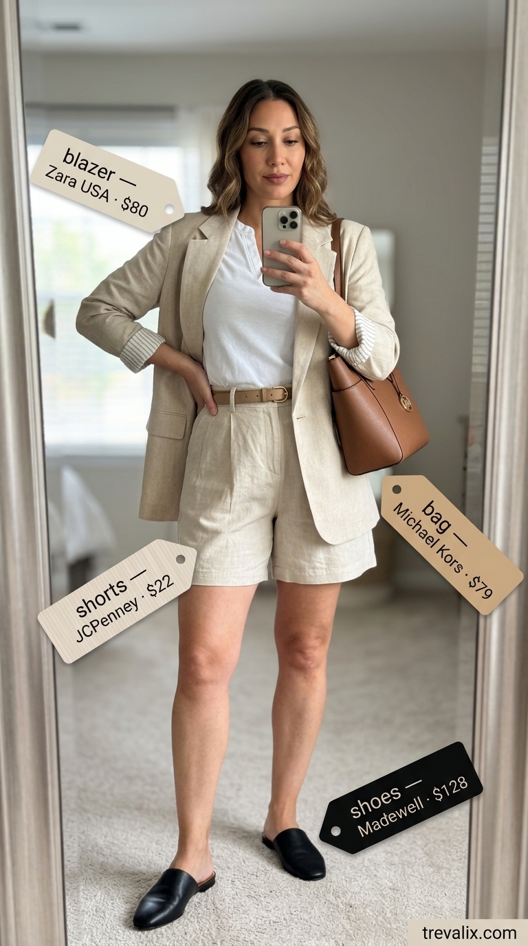 Trendy summer t-shirt outfit for women 2026: Black fitted tee, beige linen shorts, black mules, and a chic blazer.