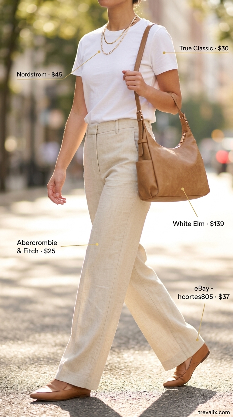 Trendy summer t-shirt outfit for women 2026: White tee, wide-leg linen pants, loafers, and gold necklace.