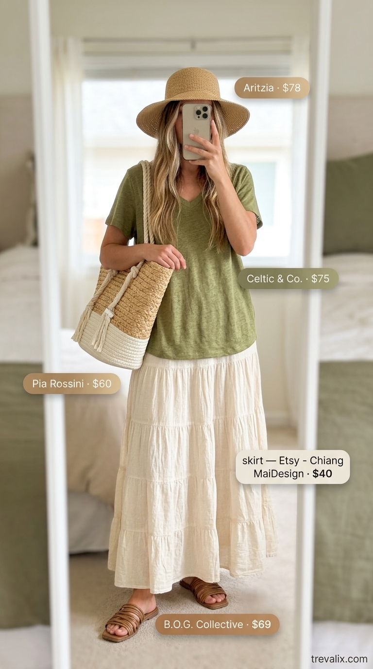 Relaxed summer outfit for women 2026: Linen tee, tiered skirt, straw hat for resort wear and vacation sightseeing.