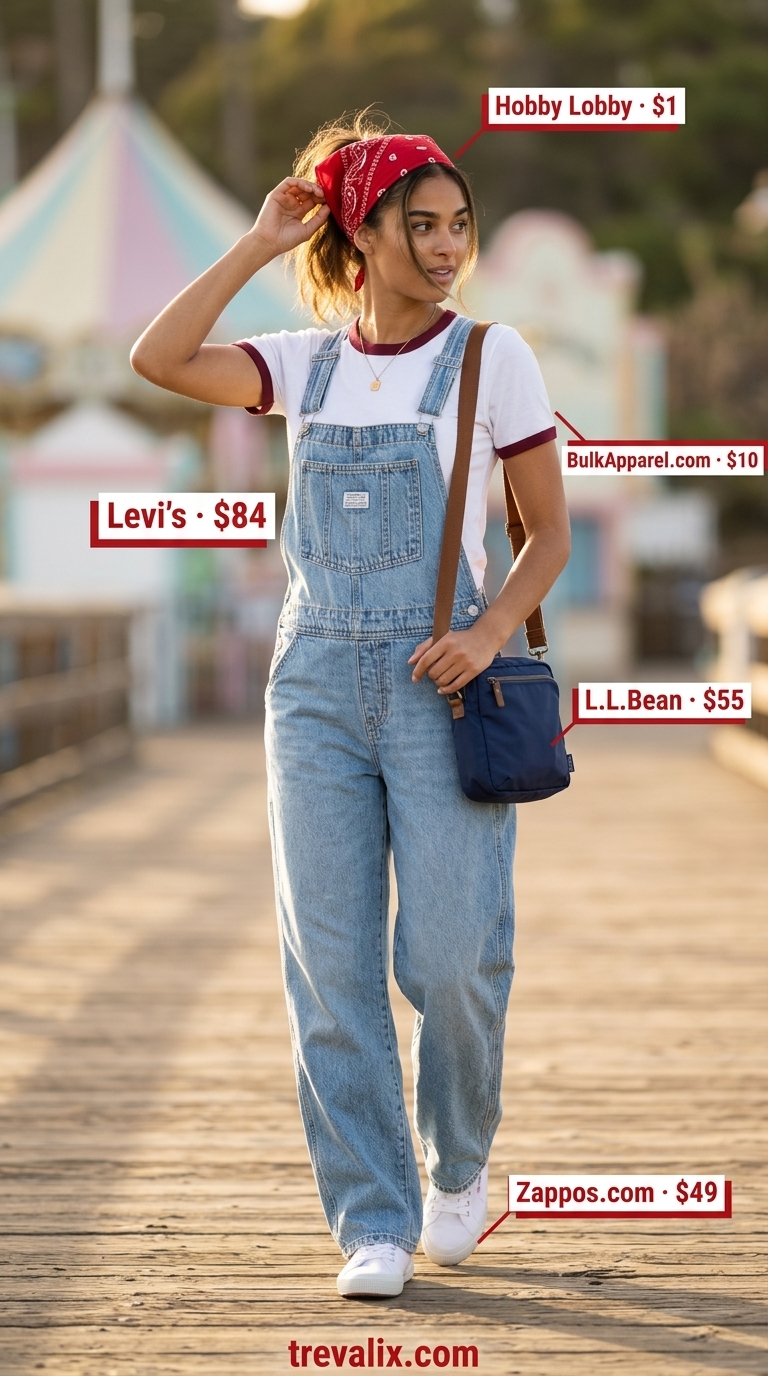 Trendy summer t-shirt outfit for women 2026: Ringer tee, denim overalls, canvas sneakers, and red bandana.