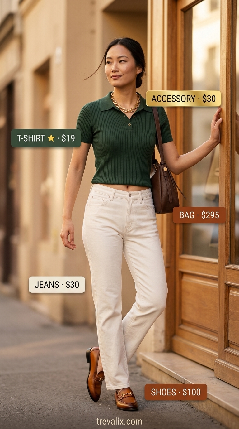 Trendy summer t-shirt outfit for women 2026: Ribbed polo tee, straight-leg jeans, loafers, and gold chain.