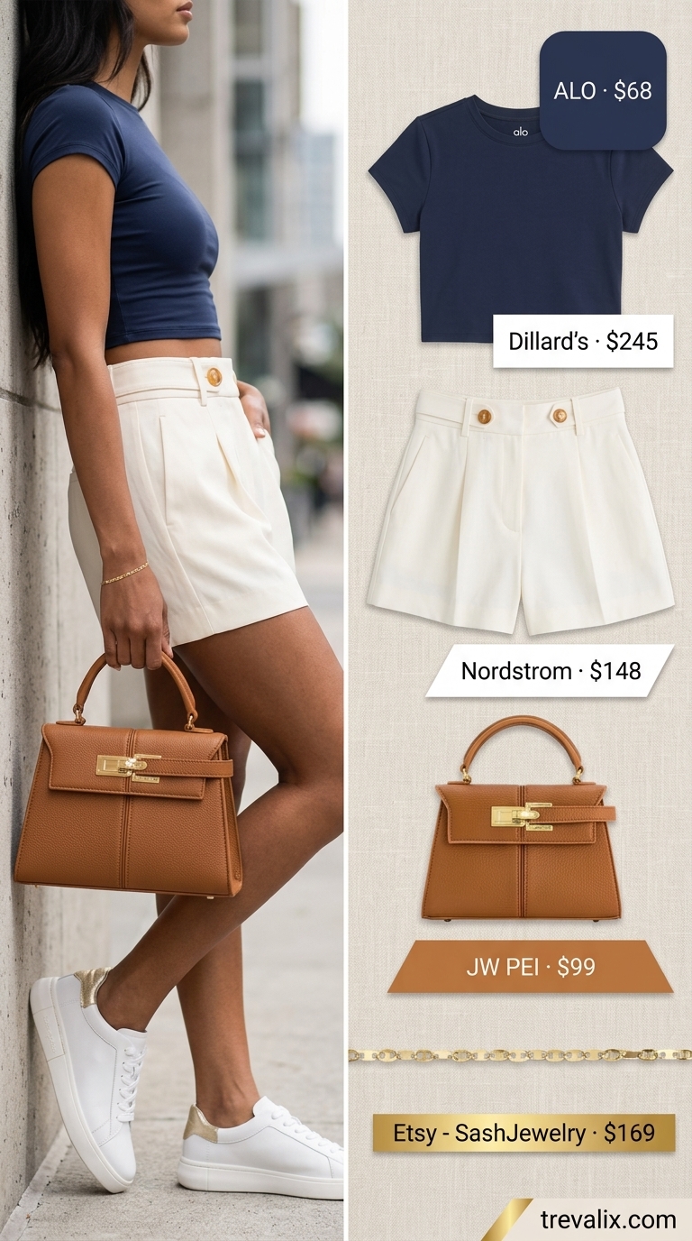 Sporty chic summer outfit for women 2026: Cropped tee, tailored shorts, sneakers for city sightseeing and casual lunches.