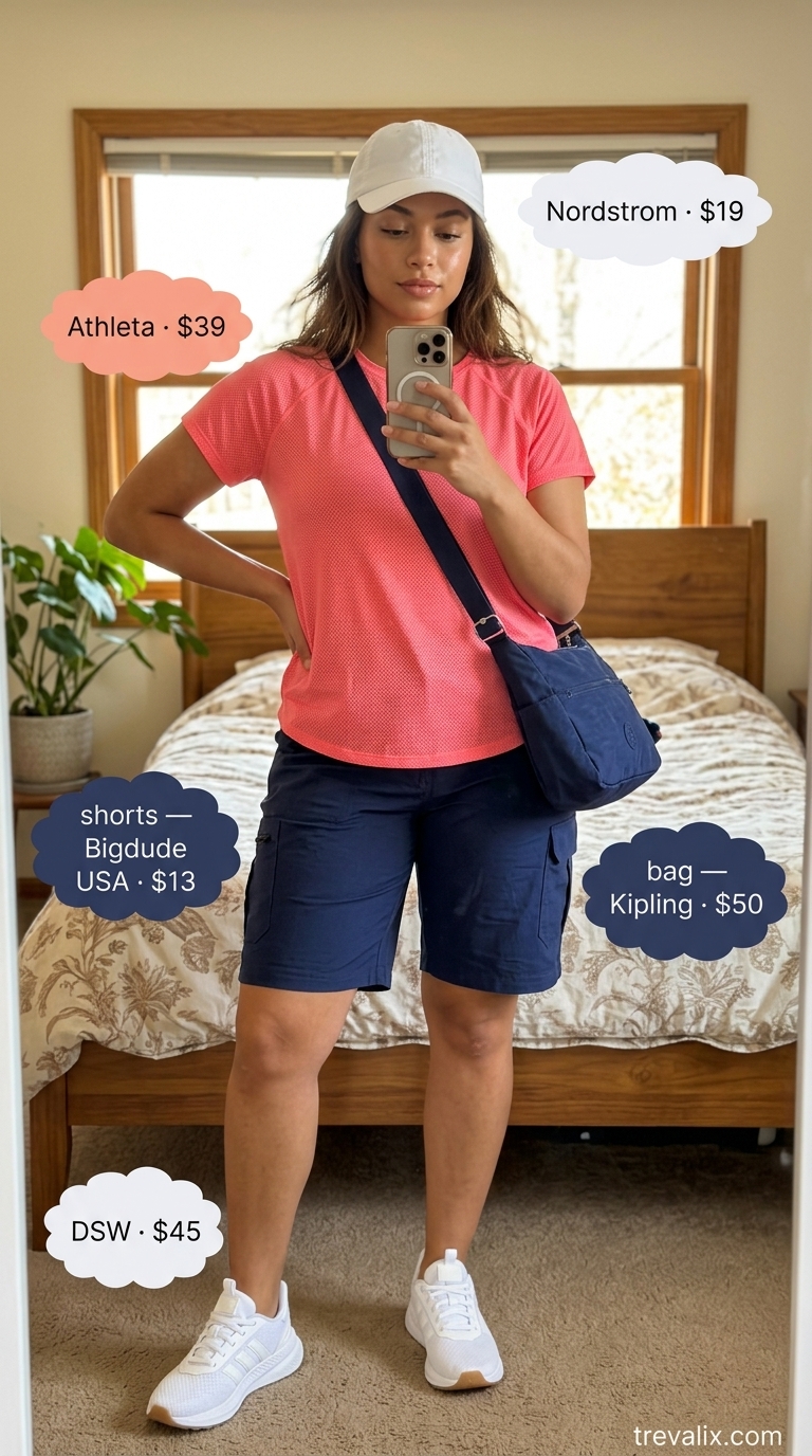 Sporty summer t-shirt outfit for women 2026: Coral tee, navy cargo shorts, sneakers for outdoor activities and amusement parks.