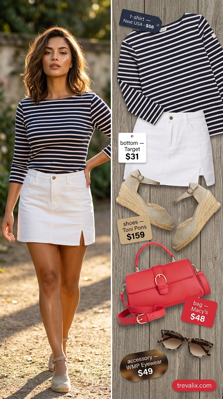 Trendy summer t-shirt outfit for women 2026: Striped tee, denim mini skirt, espadrilles, and red bag.