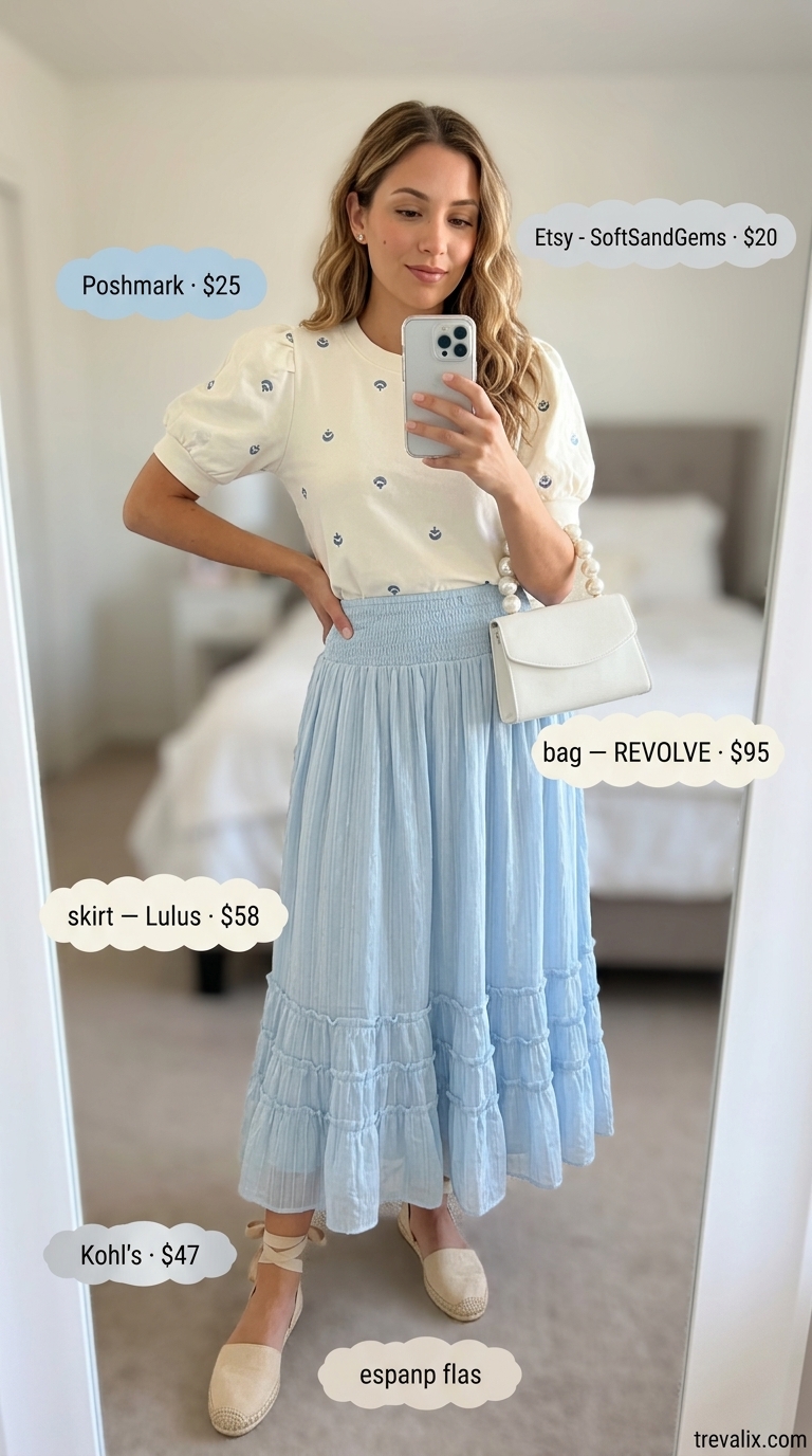 Feminine summer t-shirt outfit for women 2026: Embroidered tee, sky blue skirt, espadrilles for garden parties and daytime dates.