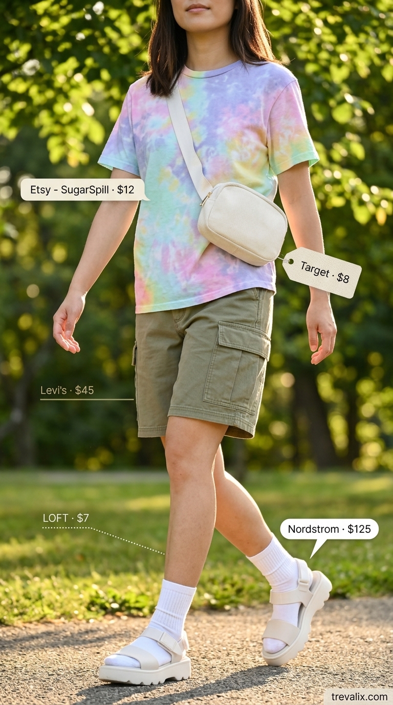 Trendy summer t-shirt outfit for women 2026: Pastel tie-dye tee, cargo shorts, sport sandals, and belt bag.