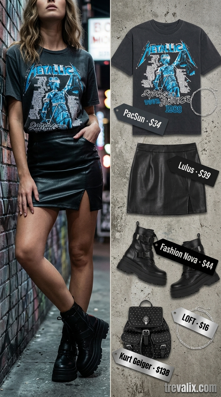 Edgy summer t-shirt outfit for women 2026: Band tee, faux leather skirt, combat boots for concerts and nights out.