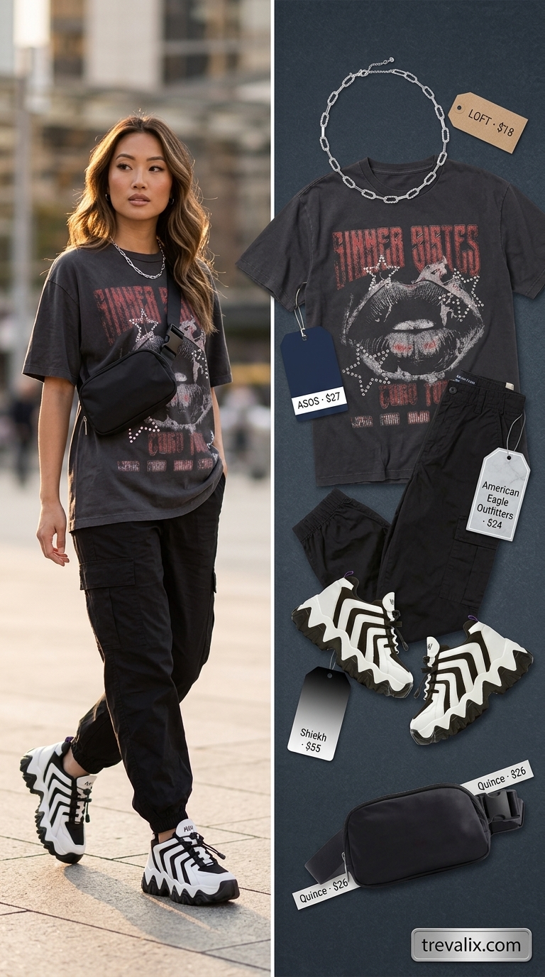 Trendy summer t-shirt outfit for women 2026: Edgy charcoal graphic tee, black cargo pants, chunky sneakers, and crossbody bag.