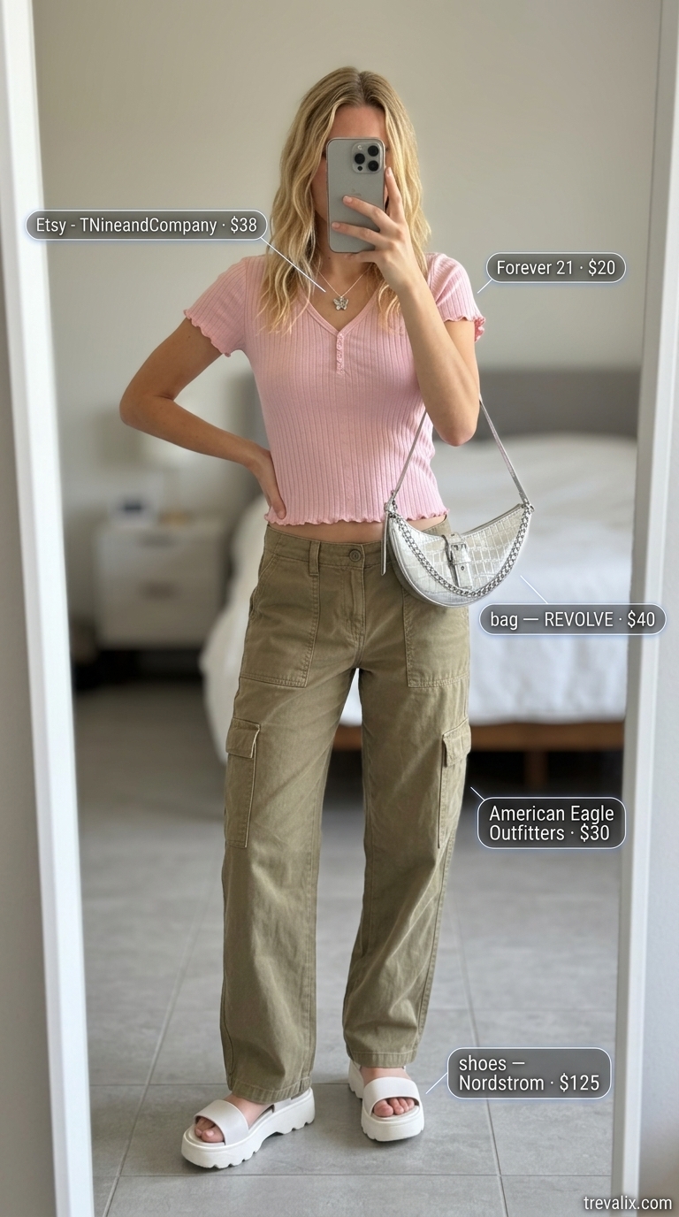 Trendy summer t-shirt outfit for women 2026: Baby pink cropped tee, baggy cargo pants, platform sandals.