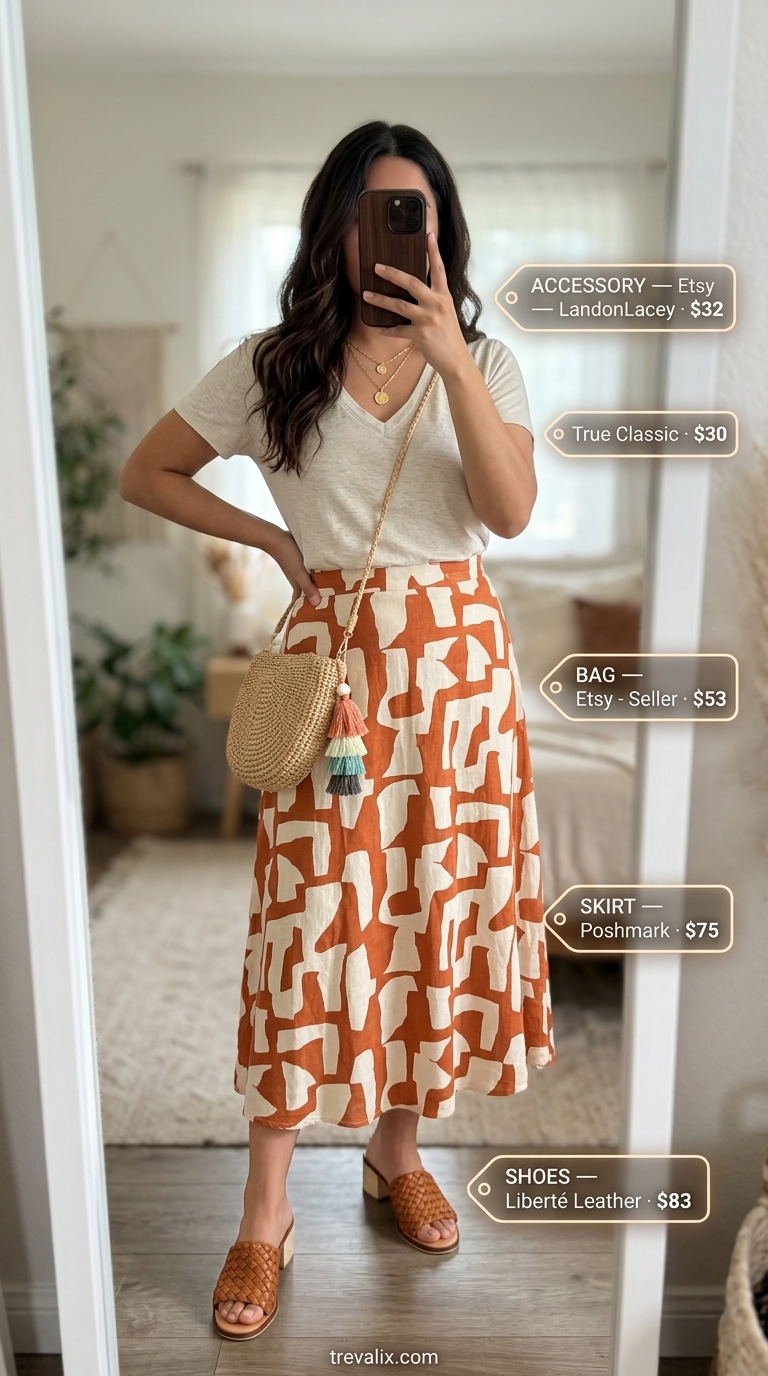 Trendy summer t-shirt outfit for women 2026: Cream V-neck tee with terracotta A-line midi skirt, leather mules, and straw bag.