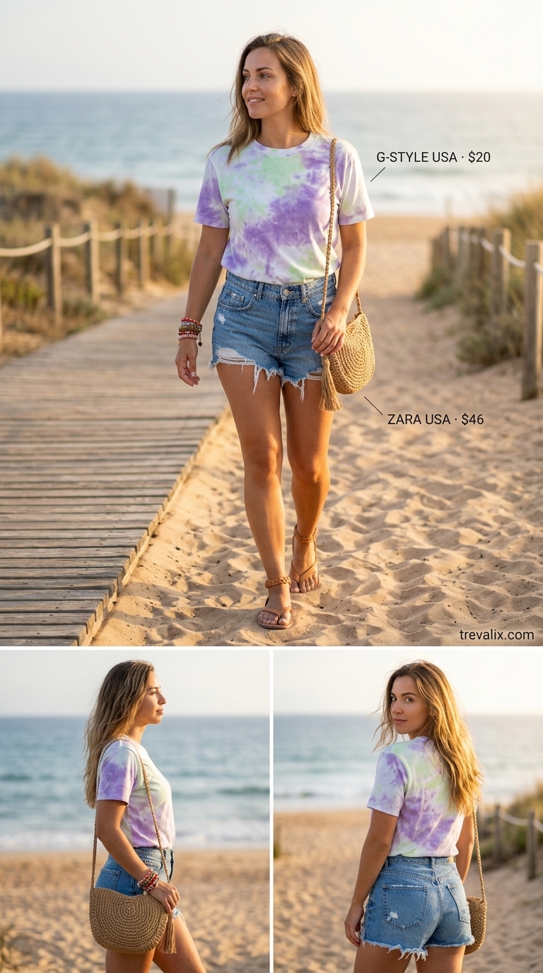 Trendy summer t-shirt outfit for women 2026: Lavender tie-dye tee with denim shorts and straw bag.