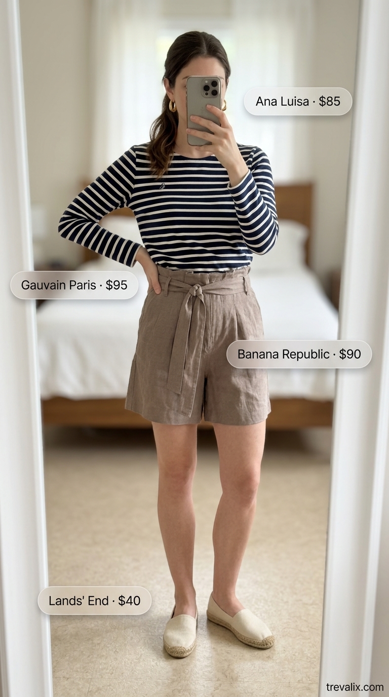 Trendy summer t-shirt outfit for women 2026: Navy Breton stripe tee with camel linen shorts and espadrille flats.