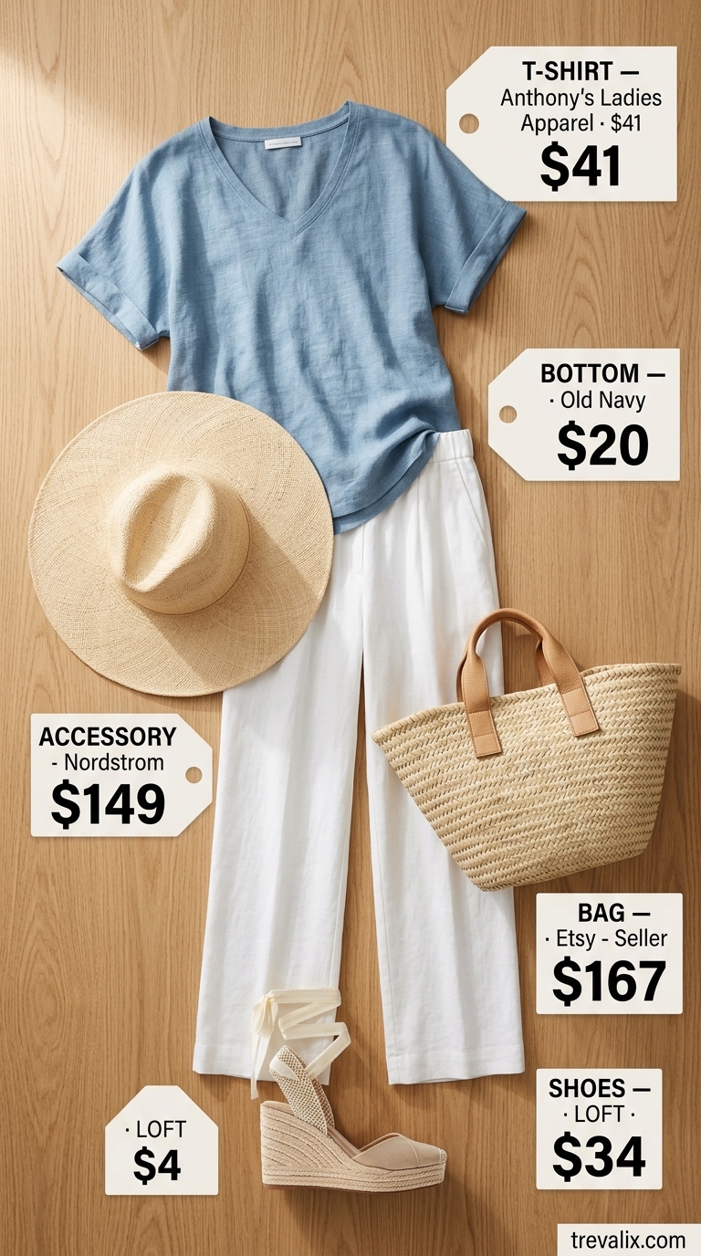 Trendy summer t-shirt outfit for women 2026: Sky blue linen tee with white linen pants and espadrille wedges.