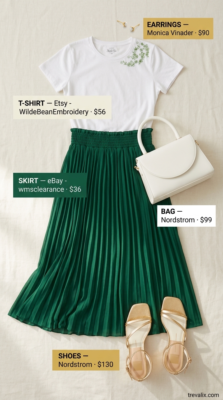 Trendy summer t-shirt outfit for women 2026: White embroidered tee with emerald green midi skirt and gold block heels.