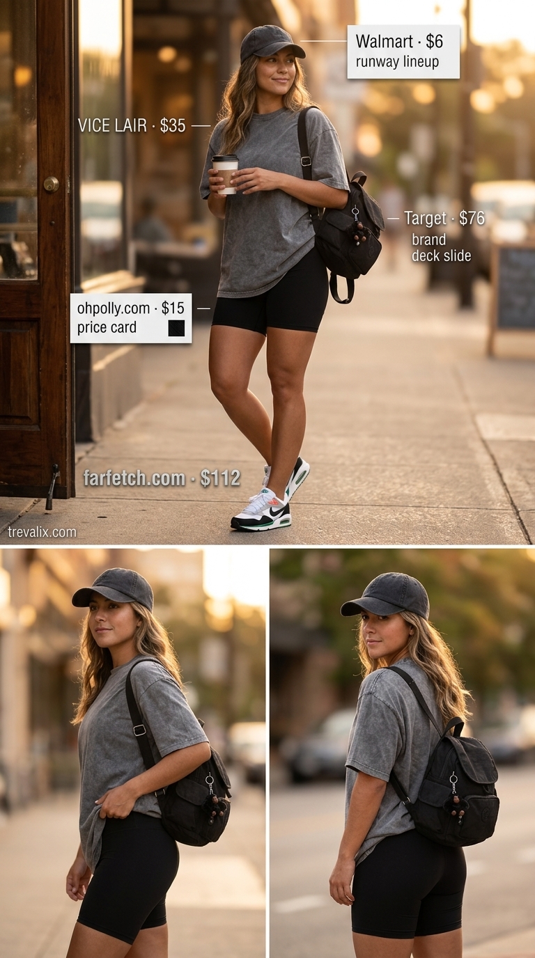 Trendy summer t-shirt outfit for women 2026: Oversized acid wash tee with black biker shorts and chunky sneakers.