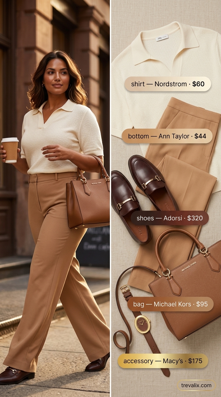 Trendy summer t-shirt outfit for women 2026: Cream knit polo tee with camel wide-leg trousers and leather loafers.