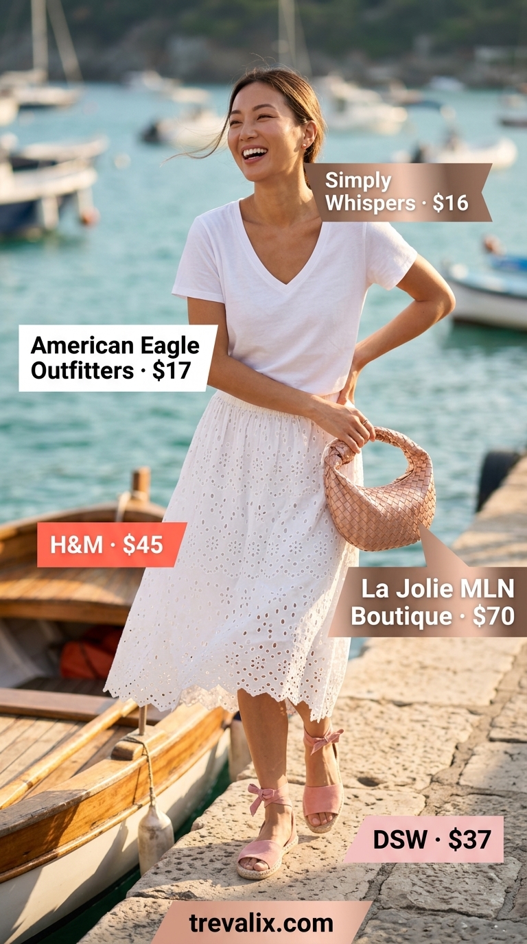 Trendy summer t-shirt outfit for women 2026: Blush pink tee with white eyelet midi skirt and espadrille sandals.