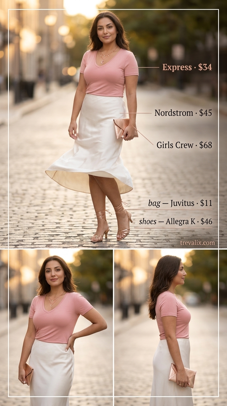 Trendy summer t-shirt outfit for women 2026: Blush pink tee with ivory slip midi skirt and rose gold sandals.