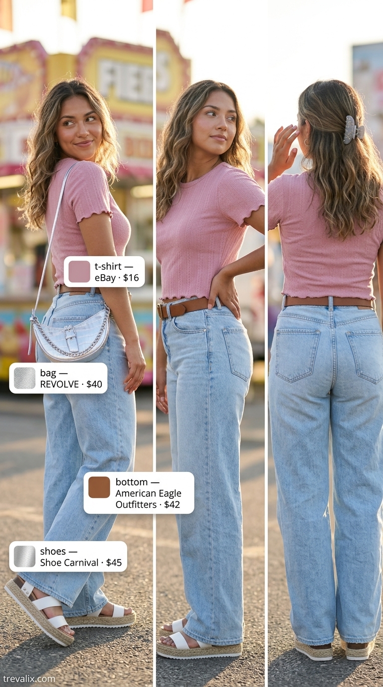 Trendy summer t-shirt outfit for women 2026: Pastel pink cropped tee with light wash wide-leg jeans and platform sandals.