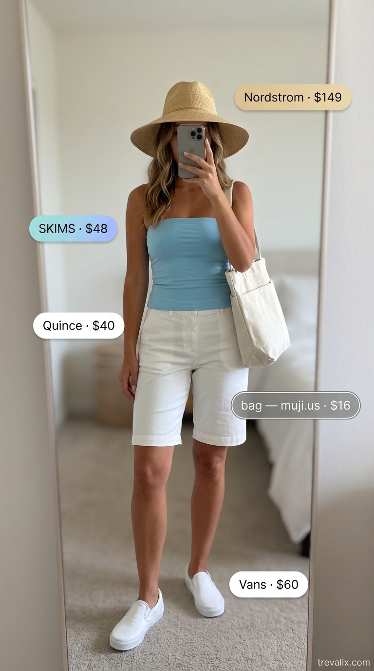 Beachy tube top outfit with Bermuda shorts and canvas tote. Trendy summer tube top outfits 2026.