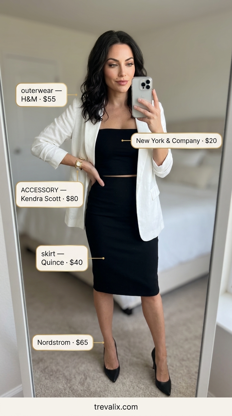 Trendy summer tube top outfits 2026: Black tube top with white blazer, pencil skirt, and heeled mules for a city evening.