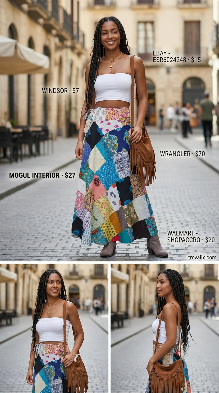 Bohemian floral wrap skirt and white tube top for music festivals or boho gatherings. Trendy summer tube top outfits 2026.